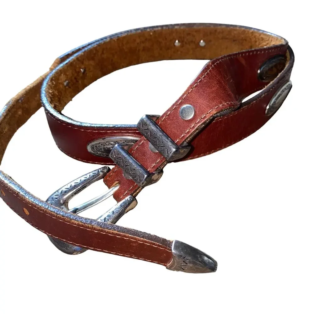Vintage Genuine Leather Country Concho Western Brown Belt Silver 46